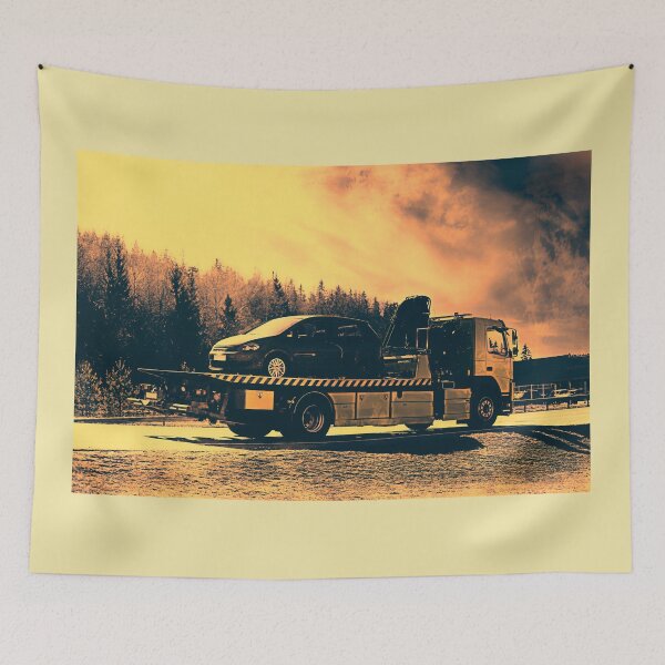 Item preview, Flatbed Tow Truck Carrying Breakdown Car Yellow Tones designed and sold by Taina Sohlman.