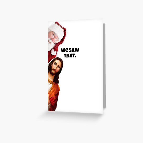Item preview, jesus looking around corner with santa christmas funny cards designed and sold by moonna designs.