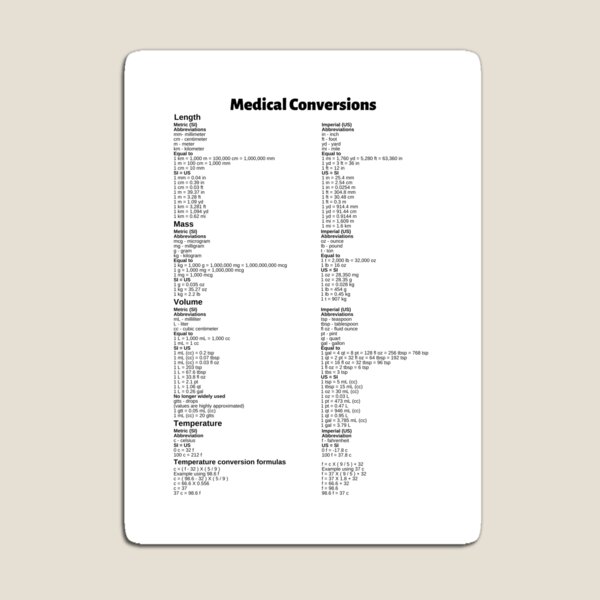 Medical Conversions Chart Magnet for Sale by Caregiverology