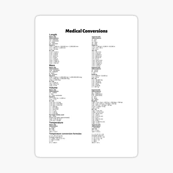 "Medical Conversions Chart" Sticker for Sale by Caregiverology | Redbubble