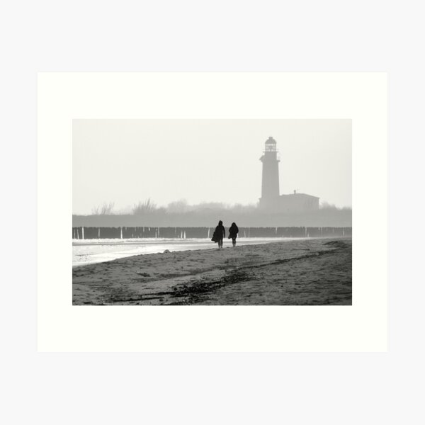 Romantic walking on the beach at the lighthouse Art Print