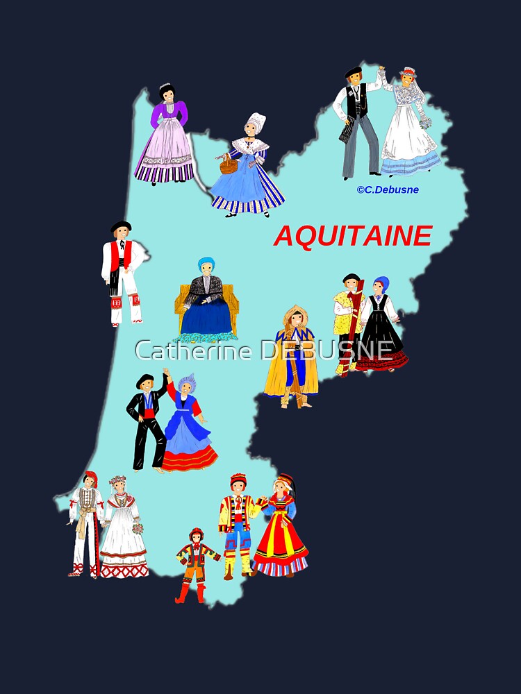 Map of AQUITAINE, France and some traditional costumes Art Board Print by  Catherine Debusne