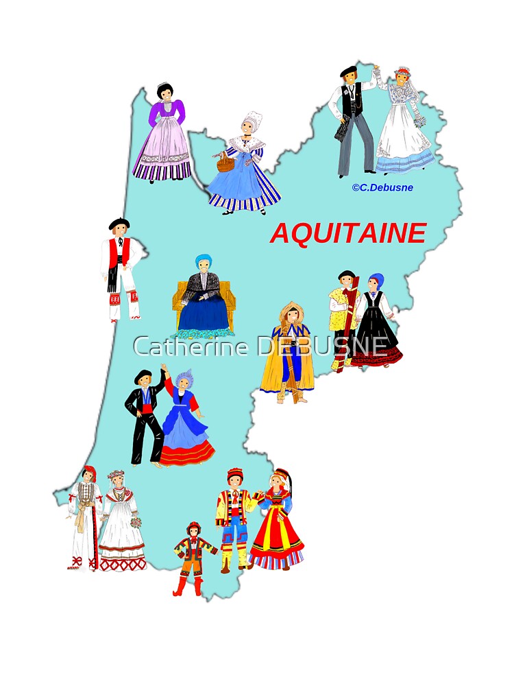 Map of AQUITAINE, France and some traditional costumes Art Board Print by  Catherine Debusne