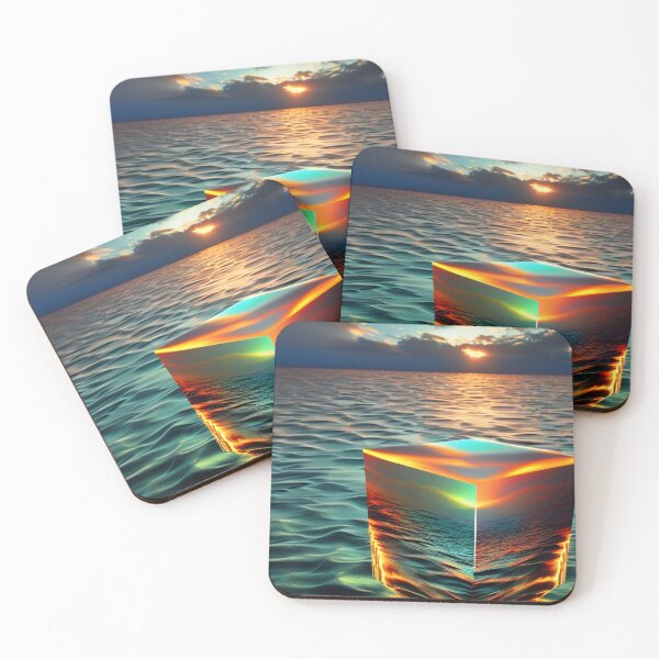 Item preview, Abstract art of a crystal cube hovering above the ocean and reflecting the setting sun. Digital art	 designed and sold by Bookwyrm-Bazaar.