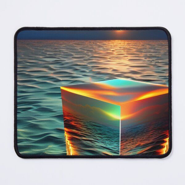 Item preview, Abstract art of a crystal cube hovering above the ocean and reflecting the setting sun. Digital art	 designed and sold by Bookwyrm-Bazaar.