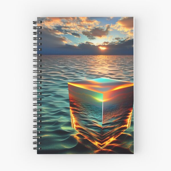 Item preview, Abstract art of a crystal cube hovering above the ocean and reflecting the setting sun. Digital art	 designed and sold by Bookwyrm-Bazaar.