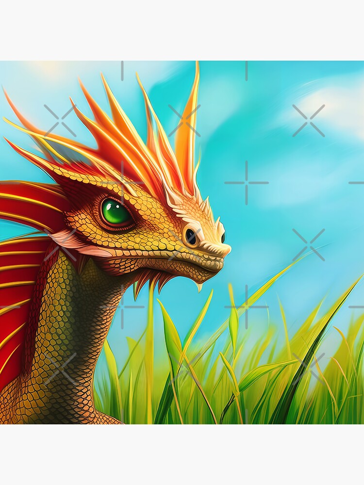 Thumbnail 3 of 3, Sticker, Baby Gold Dragon with Red Fins in the Tall Grass designed and sold by dragynrain.