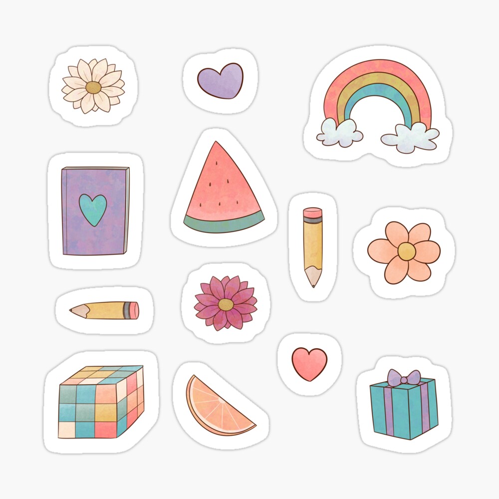 Cute stickers I designed of flowers, pencils, a rainbow, a Rubik's cube, and more
