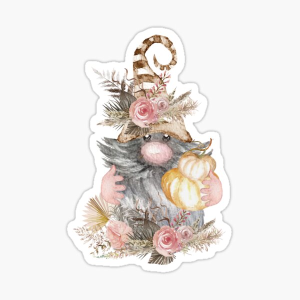 Item preview, Hand painted watercolor autumn gnome with pumpkins and flowers. Wood elf designed and sold by Marina Braga  Artista en acuarela y diseñadora gráfica.