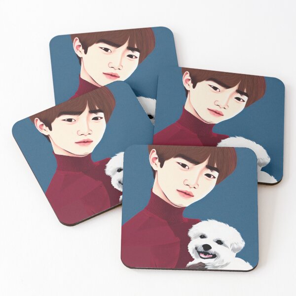Item preview, Cool Illustration Of Kim Taehyung With A Cute Dog On A Dark Teal Blue Background  designed and sold by Kodexstore.