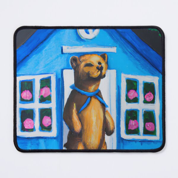 Item preview, A standing bear infront of a big blue house designed and sold by MyOilArt4you.