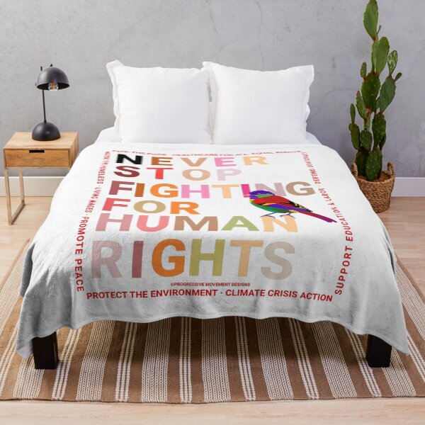 Item preview, PMD00145 Progressive Movement Designs Never Stop Fighting for Human Rights text in diverse skin colors on White with rainbow colored bird for progressives or LGBTQ or anyone for human rights equality designed and sold by ProgressiveLeft.