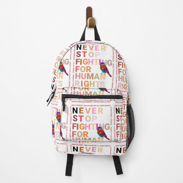 Item preview, PMD00145 Progressive Movement Designs Never Stop Fighting for Human Rights text in diverse skin colors on White with rainbow colored bird for progressives or LGBTQ or anyone for human rights equality designed and sold by ProgressiveLeft.