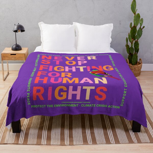 Item preview, PMD00146 Progressive Movement Designs Never Stop Fighting for Human Rights text in diverse colors on purple w rainbow colored bird for progressives or LGBTQ or anyone for human rights equality designed and sold by ProgressiveLeft.