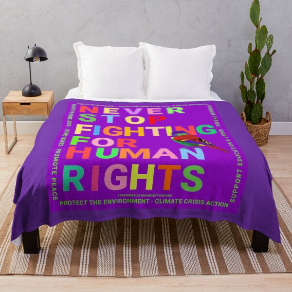Item preview, PMD00148 Progressive Movement Designs Never Stop Fighting for Human Rights text in rainbow colors on purple w rainbow colored bird for progressives or LGBTQ or anyone for human rights equality designed and sold by ProgressiveLeft.