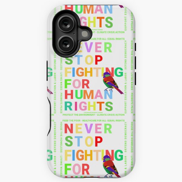 Artikel-Vorschau von PMD00149 Progressive Movement Designs Never Stop Fighting for Human Rights Text in Regenbogenfarben auf weißem w regenbogenfarbenem Vogel für Progressive oder LGBTQ oder irgendjemanden für die Gleichstellung der Menschenrechte, designt und verkauft von ProgressiveLeft.