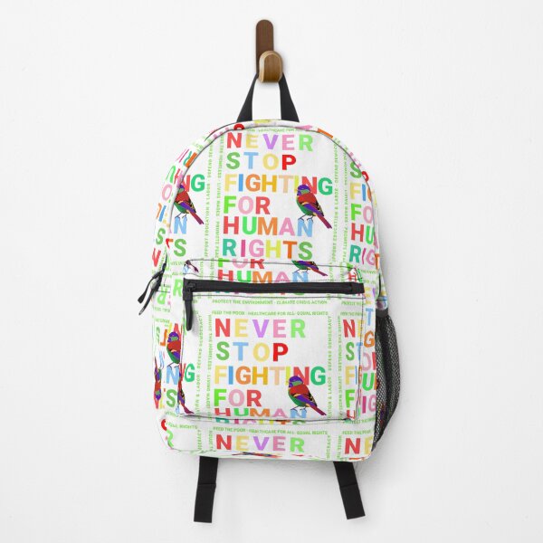 Item preview, PMD00149 Progressive Movement Designs Never Stop Fighting for Human Rights text in rainbow colors on white w rainbow colored bird for progressives or LGBTQ or anyone for human rights equality designed and sold by ProgressiveLeft.