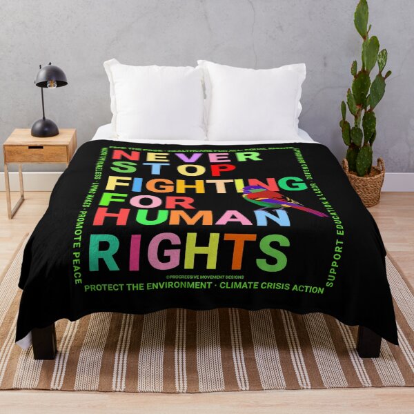 Item preview, PMD00150 Progressive Movement Designs Never Stop Fighting for Human Rights text in rainbow colors on black w rainbow colored bird for progressives or LGBTQ or anyone for human rights equality designed and sold by ProgressiveLeft.