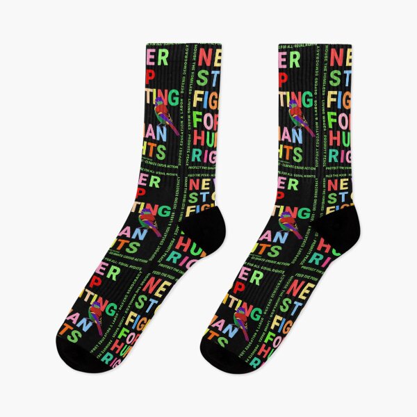 Item preview, PMD00150 Progressive Movement Designs Never Stop Fighting for Human Rights text in rainbow colors on black w rainbow colored bird for progressives or LGBTQ or anyone for human rights equality designed and sold by ProgressiveLeft.