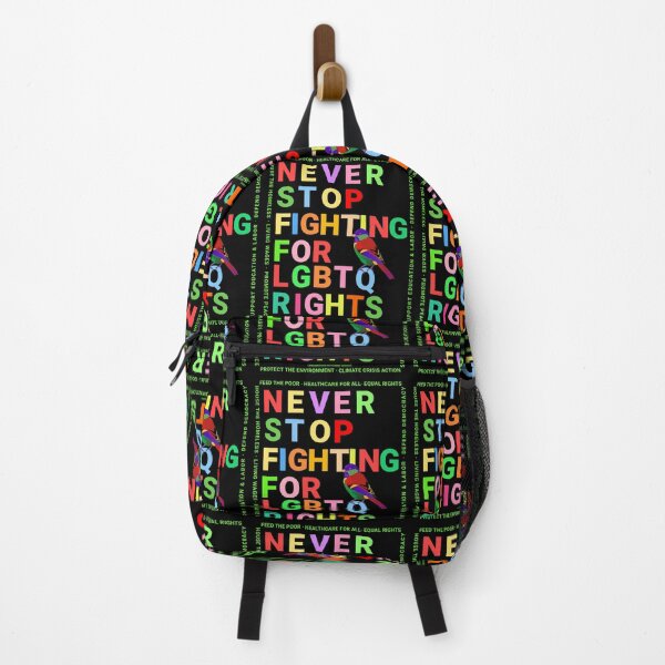 Item preview, PMD00151 Progressive Movement Designs Never Stop Fighting for LGBTQ Rights text in rainbow colors on black w rainbow colored bird for progressives or LGBTQ or anyone for human rights equality designed and sold by ProgressiveLeft.