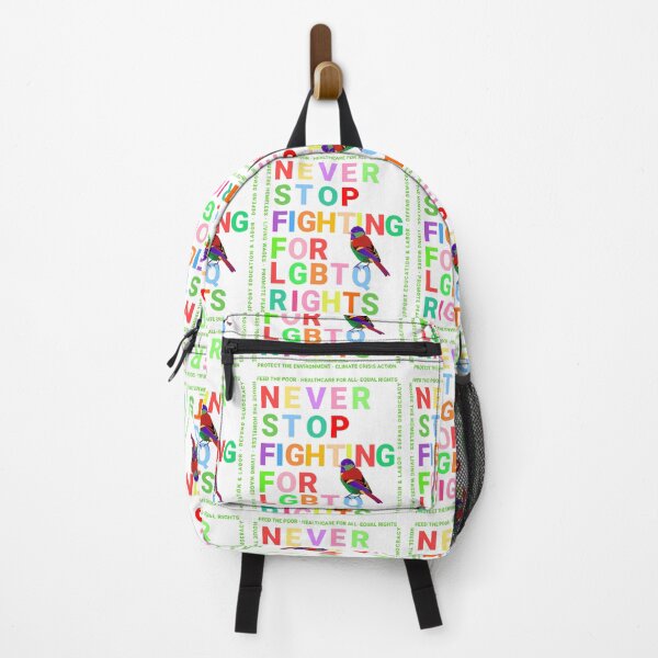 Item preview, PMD00152 Progressive Movement Designs Never Stop Fighting for LGBTQ Rights text in rainbow colors on white w rainbow colored bird for progressives or LGBTQ or anyone for human rights equality designed and sold by ProgressiveLeft.