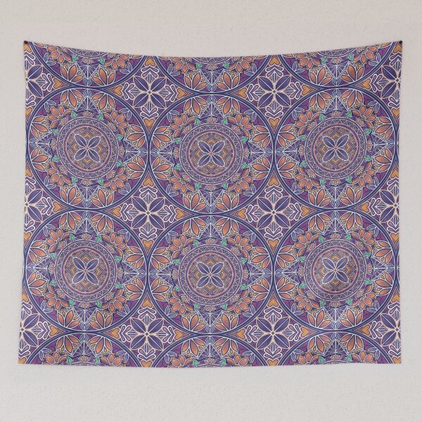 Item preview, Floral Star Pacific Mandala orange & white on purple designed and sold by AprilAppleArt.