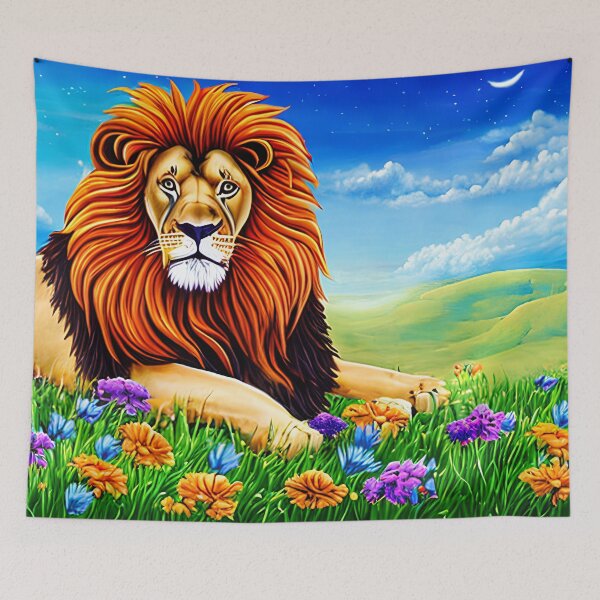 Item preview, Lion laying in a lush green valley surrounded by flowers with the sky in the background, big mane designed and sold by Chardo55.