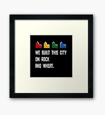 WE BUILT THIS CITY ON ROCK AND WHEAT Settlers of Catan game white distressed Framed Print