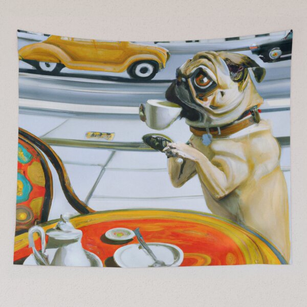 Item preview, Pug Coffee Break -  A surrealist-style portrait of a pug dog. designed and sold by BLACKSUN-SHOP.