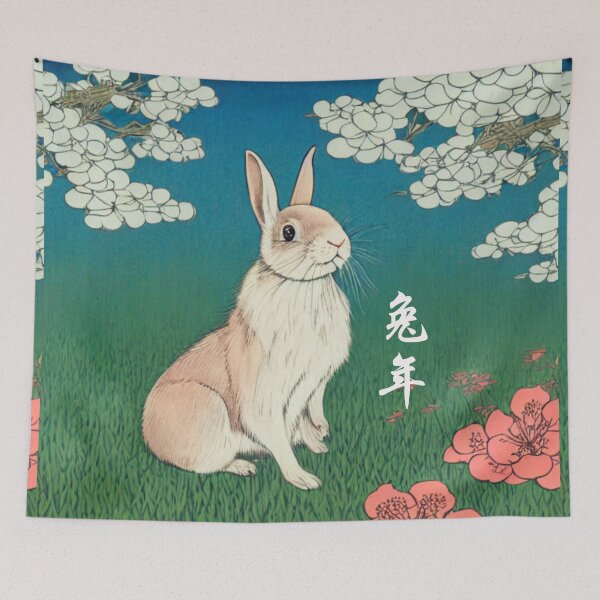 Item preview, Cute Floral White Dwarf Rabbit Bunny with Big Pointy Ears Year of the Rabbit Chinese New Year designed and sold by wigobun.