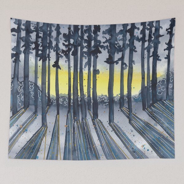 Item preview, Beautiful nature landscape, watercolor blue landscape, sunset in trees designed and sold by anaozzart.