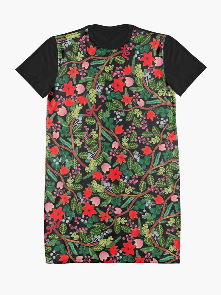 Alternate view of Christmas Floral Pattern Black Graphic T-Shirt Dress