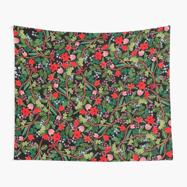 Disover Christmas Floral Pattern Black Tapestry