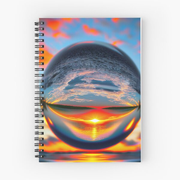 Item preview, Abstract art of a crystal sphere hovering above the ocean and reflecting the setting sun. Digital art designed and sold by Bookwyrm-Bazaar.