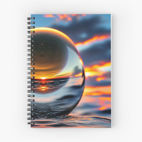 Item preview, Abstract art of a crystal sphere hovering above the ocean and reflecting the setting sun. Digital art designed and sold by Bookwyrm-Bazaar.