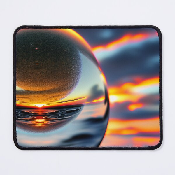 Item preview, Abstract art of a crystal sphere hovering above the ocean and reflecting the setting sun. Digital art designed and sold by Bookwyrm-Bazaar.