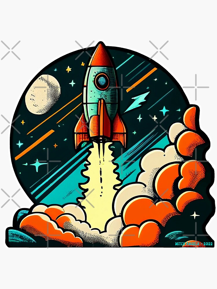 Rocket Flying Into Space - Cartoon Naïve Art From 60's | Sticker