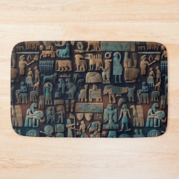 Item preview, Ancient Sumerian pictographs of olden rituals and creatures a blue and yellow pattern designed and sold by ArtifactVault.