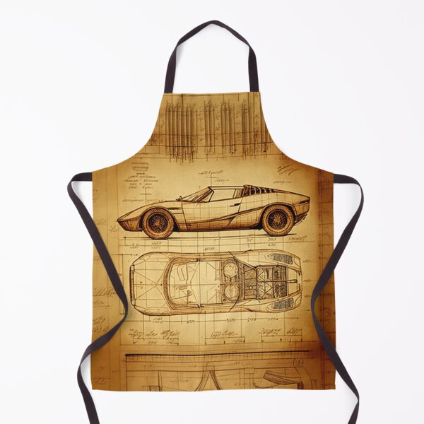 Artikelvorschau, Cabriolet Zweisitzer schneller Sportwagen Technische Zeichnung mit Messungen und Berechnungen im Stil von Leonardo da Vinci entworfen und verkauft von ArtifactVault.