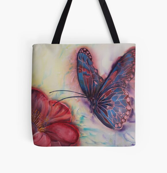 Stained Glass Butterfly in watercolour painted with fuchsia pink and lavender blue All Over Print Tote Bag