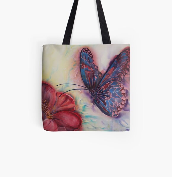 Stained Glass Butterfly in watercolour painted with fuchsia pink and lavender blue All Over Print Tote Bag