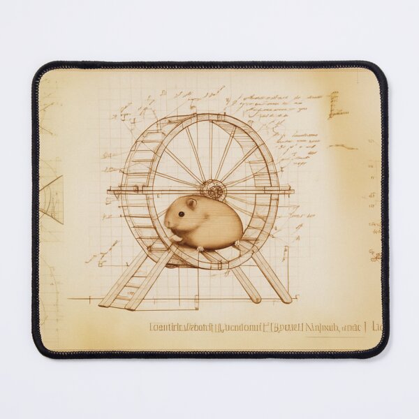 Item preview, Cute hamster running in a wooden wheel technical drawing with measurements and calculations in Leonardo da Vinci style designed and sold by ArtifactVault.