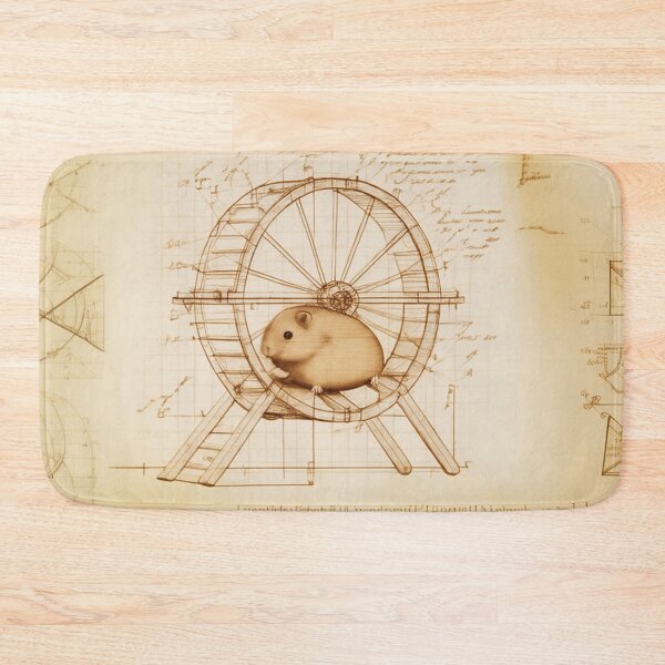 Artikelvorschau, Niedlicher Hamster, der in einem Holzrad läuft, technische Zeichnung mit Messungen und Berechnungen im Stil von Leonardo da Vinci entworfen und verkauft von ArtifactVault.