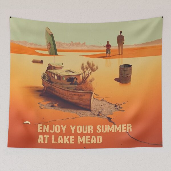Item preview, Dried up lake Mead with drowned boats and steel barrels and man with son fishing a vintage and nostalgic retro designed and sold by ArtifactVault.
