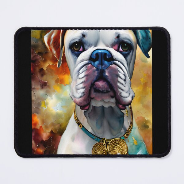Item preview, White Boxer Dog Digital Artwork featuring Blue and Gold Hues with dreamcatchers, Tribal Vibes designed and sold by DiatomDesigns.