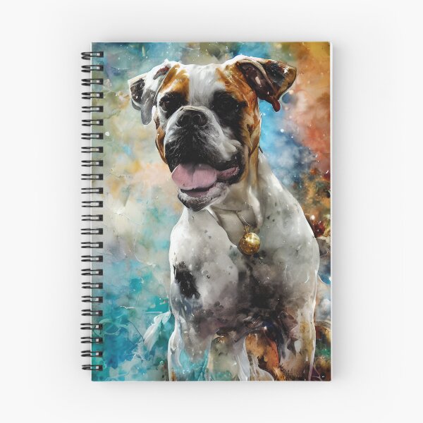 Artikelvorschau, Weißer Boxer-Hund Digital Artwork mit Blau- und Goldtönen mit Dreamcatchers, Tribal Vibes, Perlen entworfen und verkauft von DiatomDesigns.