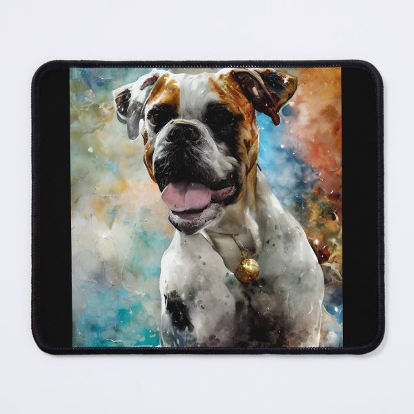 Item preview, White Boxer Dog Digital Artwork featuring Blue and Gold Hues with dreamcatchers, Tribal Vibes, beaded designed and sold by DiatomDesigns.