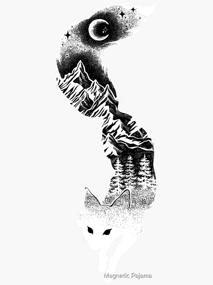 Fox Silhouette with Mountains, Trees & Moon T-Shirt by MagneticMama