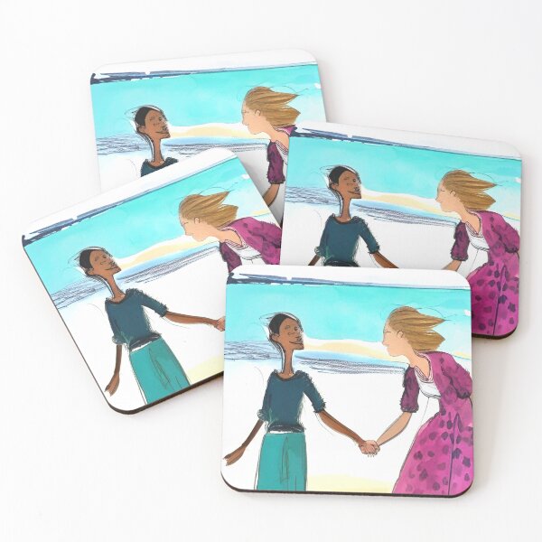 Item preview, Sunny beach and ocean landscape. Two happy women friends hold hands. Colorful abstract wall art as prints, on canvas, or large posters (many print sizes).  designed and sold by JoelsCorner.