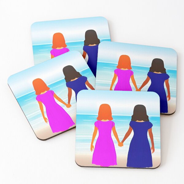 Item preview, Sunny beach and ocean landscape. Two young girlfriends hold hands facing the turquoise ocean. Colorful abstract ocean landscape wall art as prints, on canvas, or large posters (many print sizes).  designed and sold by JoelsCorner.